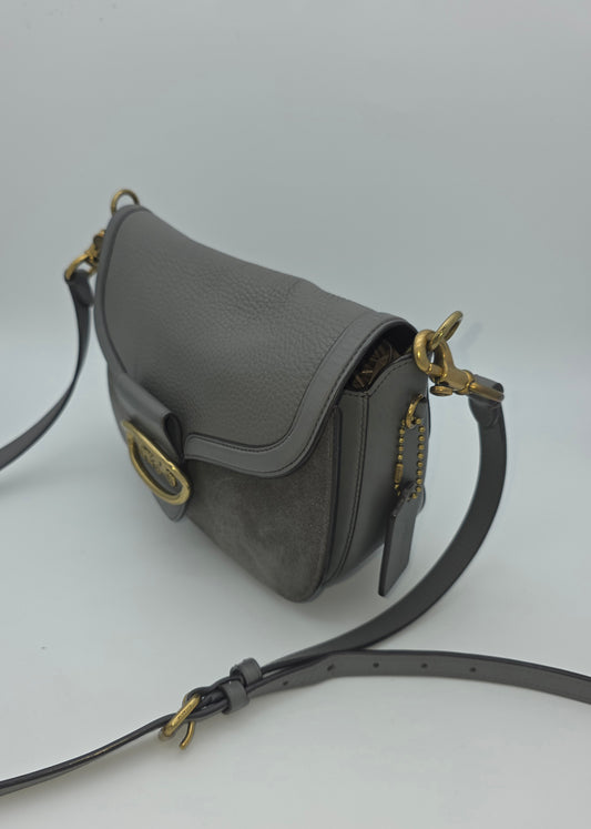 Coach Georgie Saddle Bag – Grey Leather & Suede, Brass Hardware