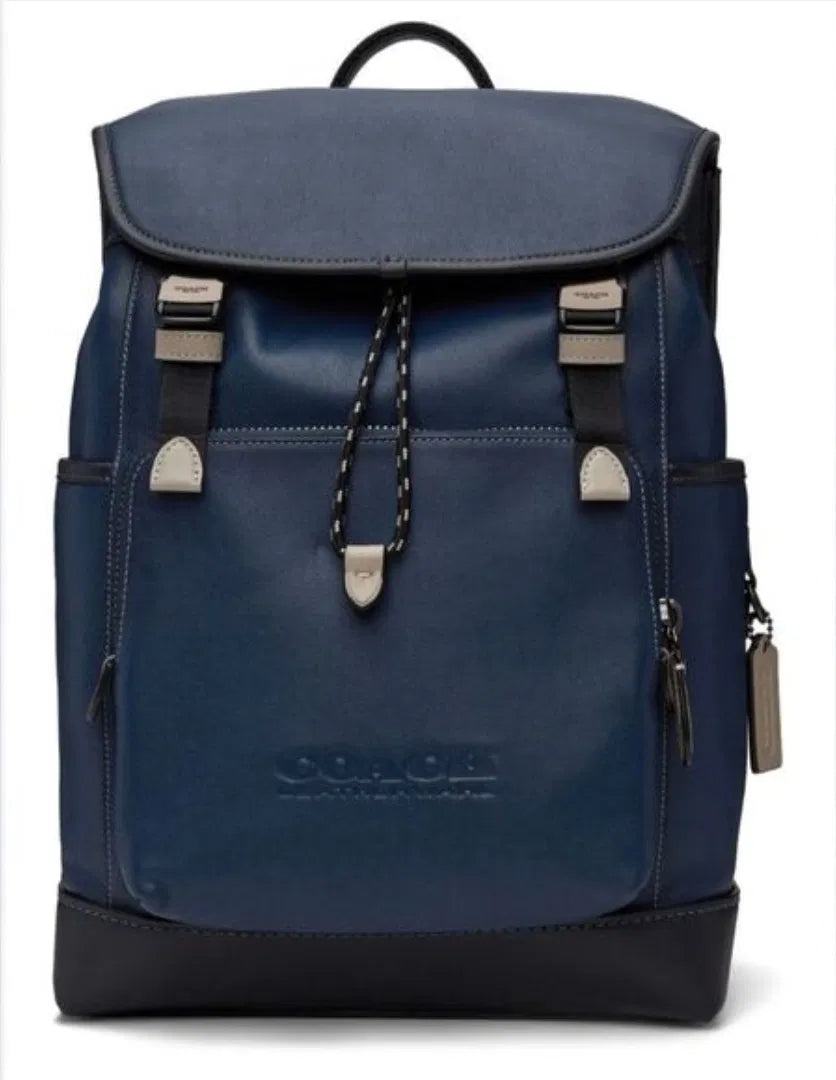 Coach League Flap Backpack — Midnight Navy Leather
