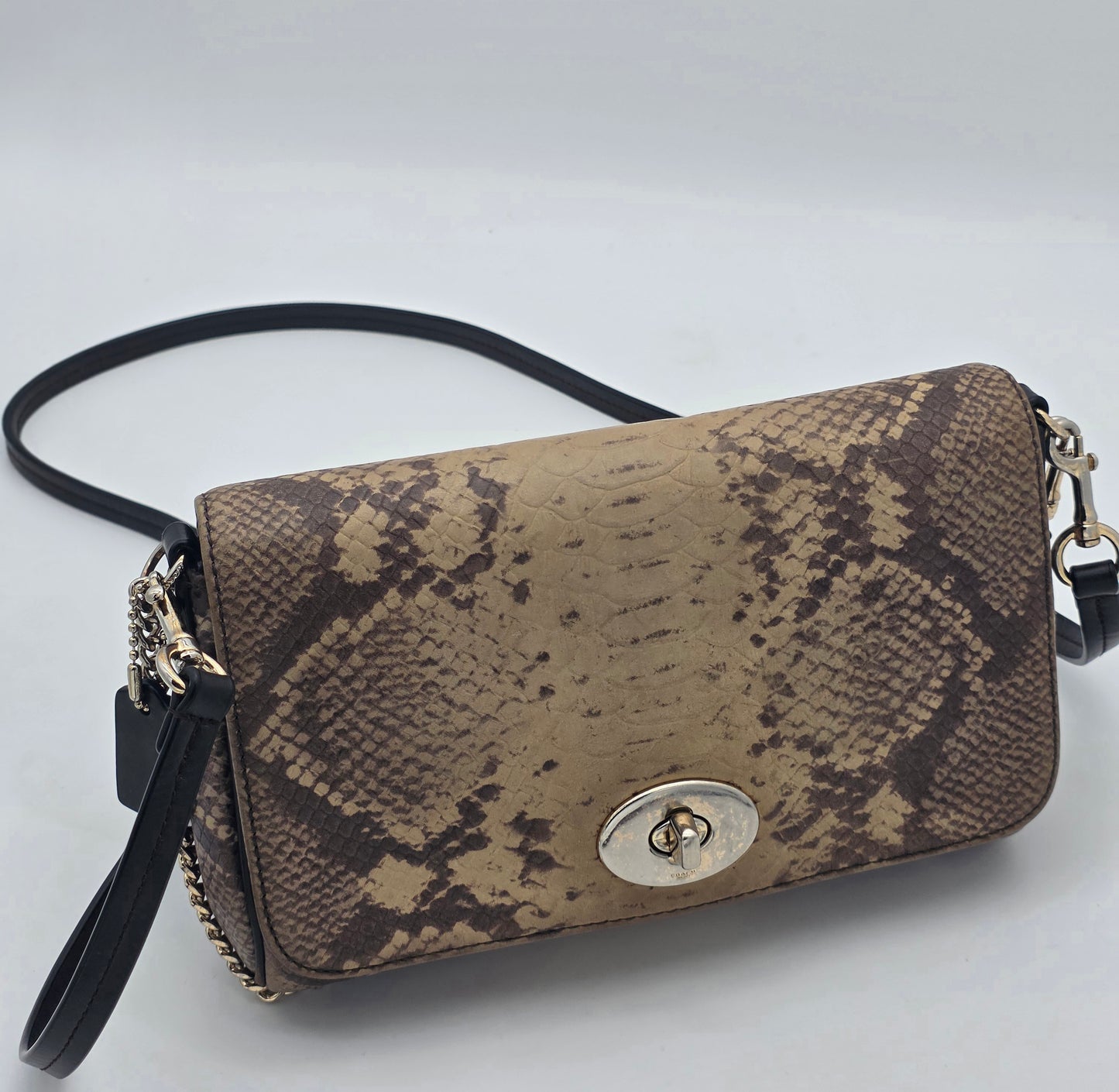 Coach Snakeskin-Embossed Leather Crossbody Clutch – Silver Hardware