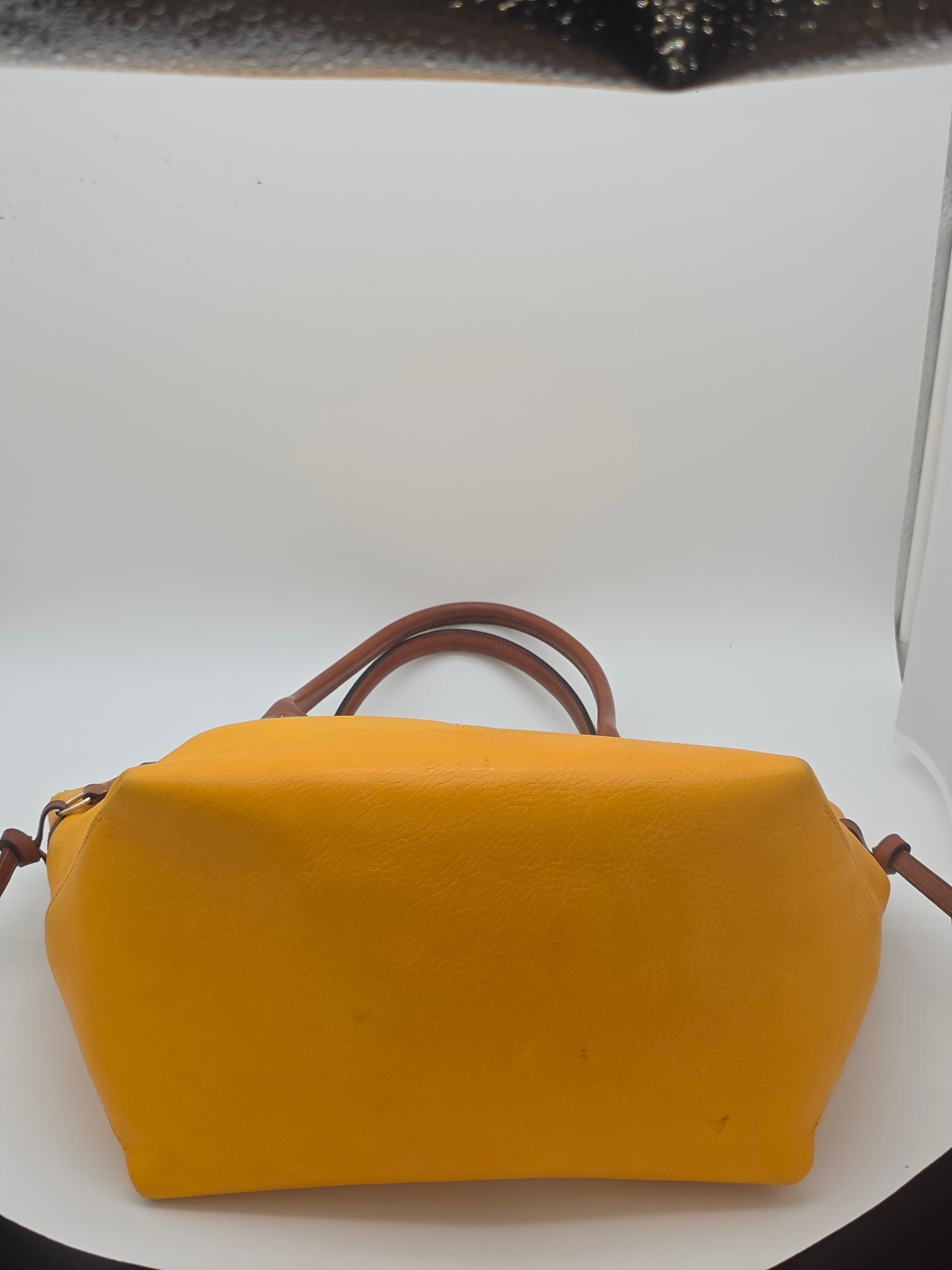 Dooney & Bourke Yellow Leather Bucket Tote Cognac Trim Duck Logo Silver