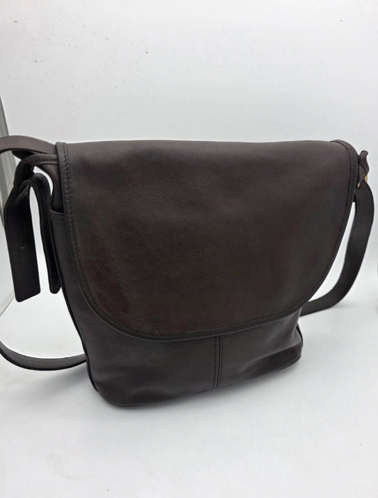 Vintage Coach Flap Crossbody Bag – Dark Brown Leather, Brass Hardware, Made in USA