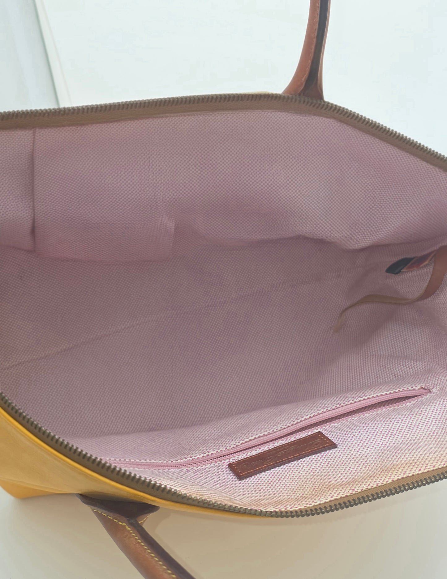 Dooney & Bourke Yellow Leather Bucket Tote Cognac Trim Duck Logo Silver