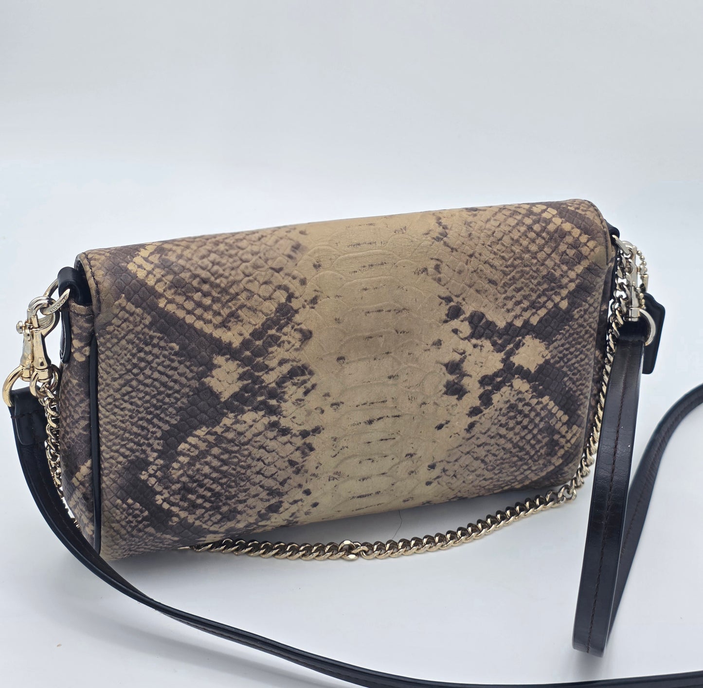 Coach Snakeskin-Embossed Leather Crossbody Clutch – Silver Hardware