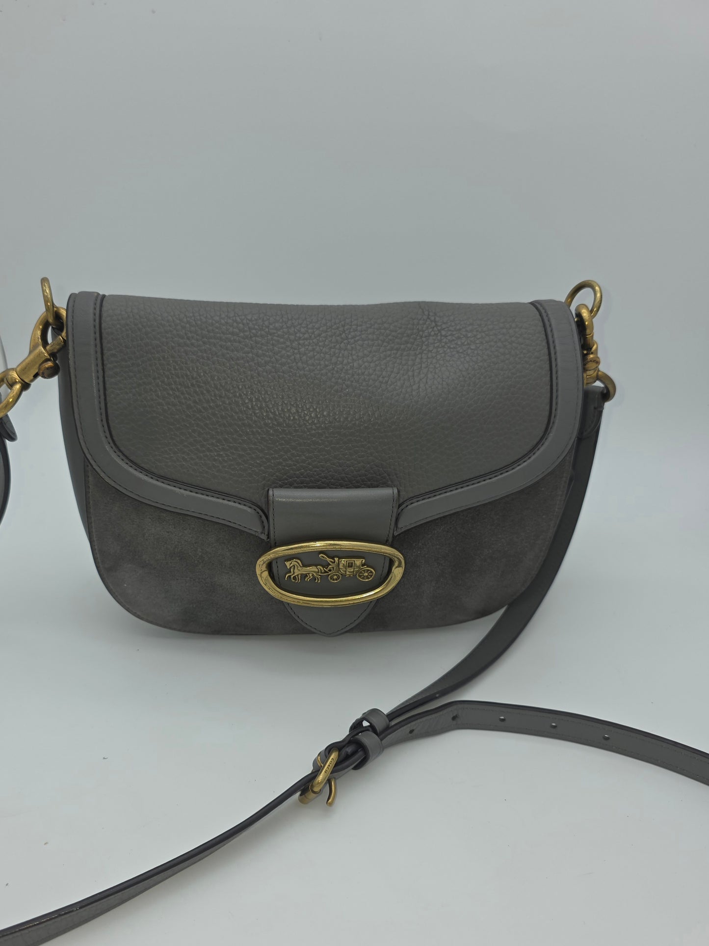 Coach Georgie Saddle Bag – Grey Leather & Suede, Brass Hardware