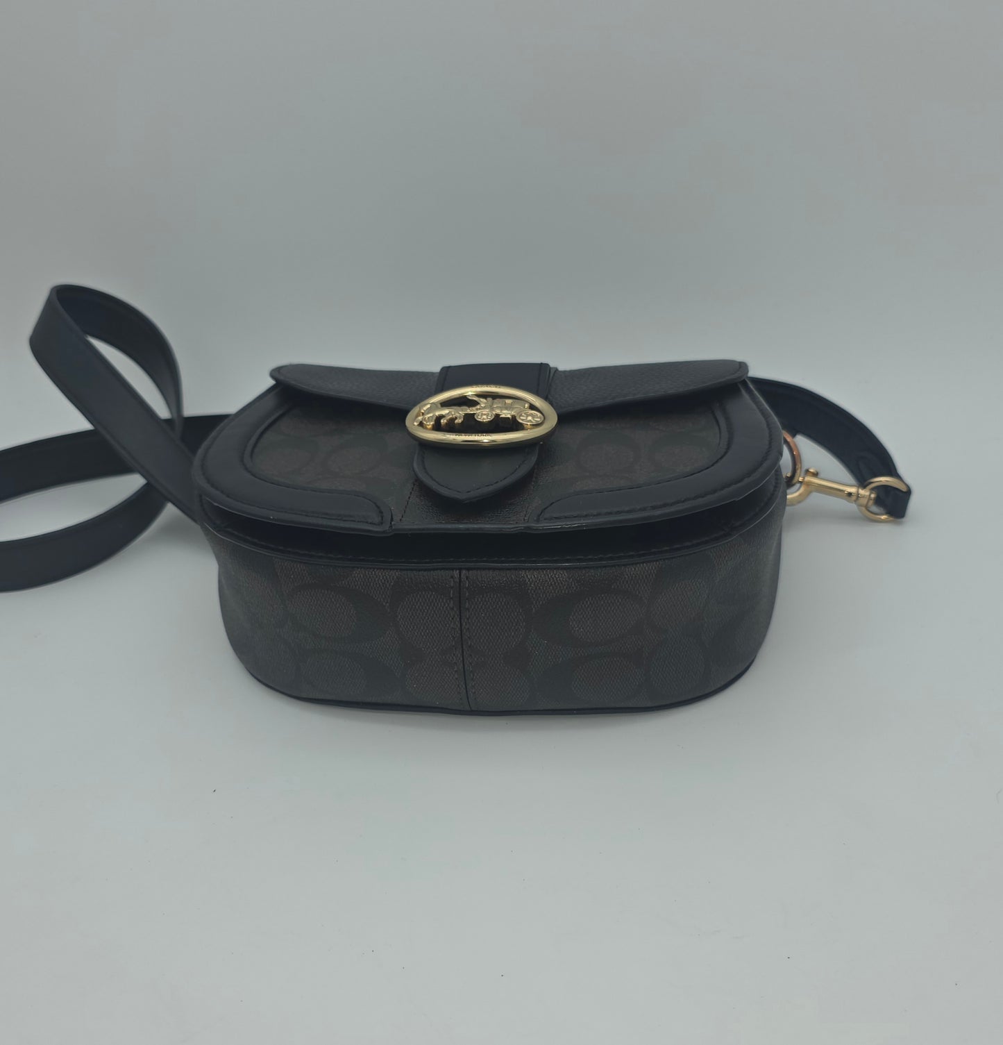 Coach Georgie Saddle Bag – Black Leather & Signature Canvas, Gold Hardware