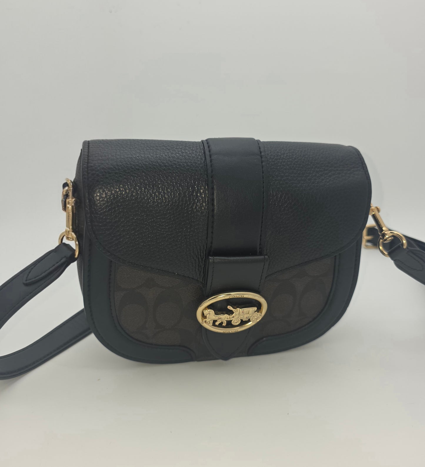 Coach Georgie Saddle Bag – Black Leather & Signature Canvas, Gold Hardware
