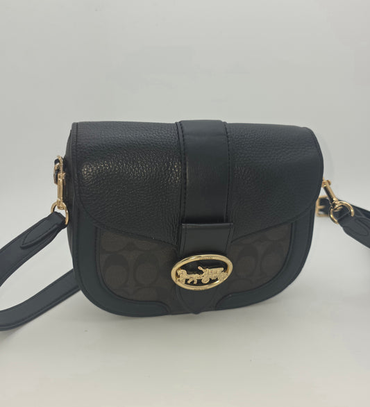 Coach Georgie Saddle Bag – Black Leather & Signature Canvas, Gold Hardware