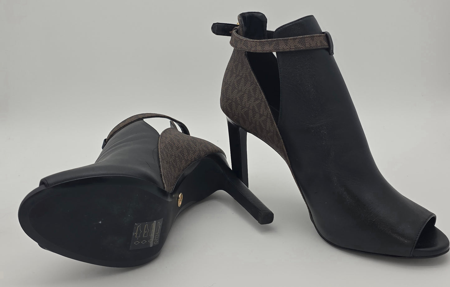 Michael Kors Peep-Toe Ankle Booties – Black Leather with MK Signature Panel, Size 11