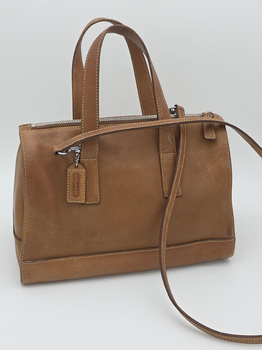 Vintage Coach Leatherware Tan Leather Satchel Tote Silver Hardware Crossbody