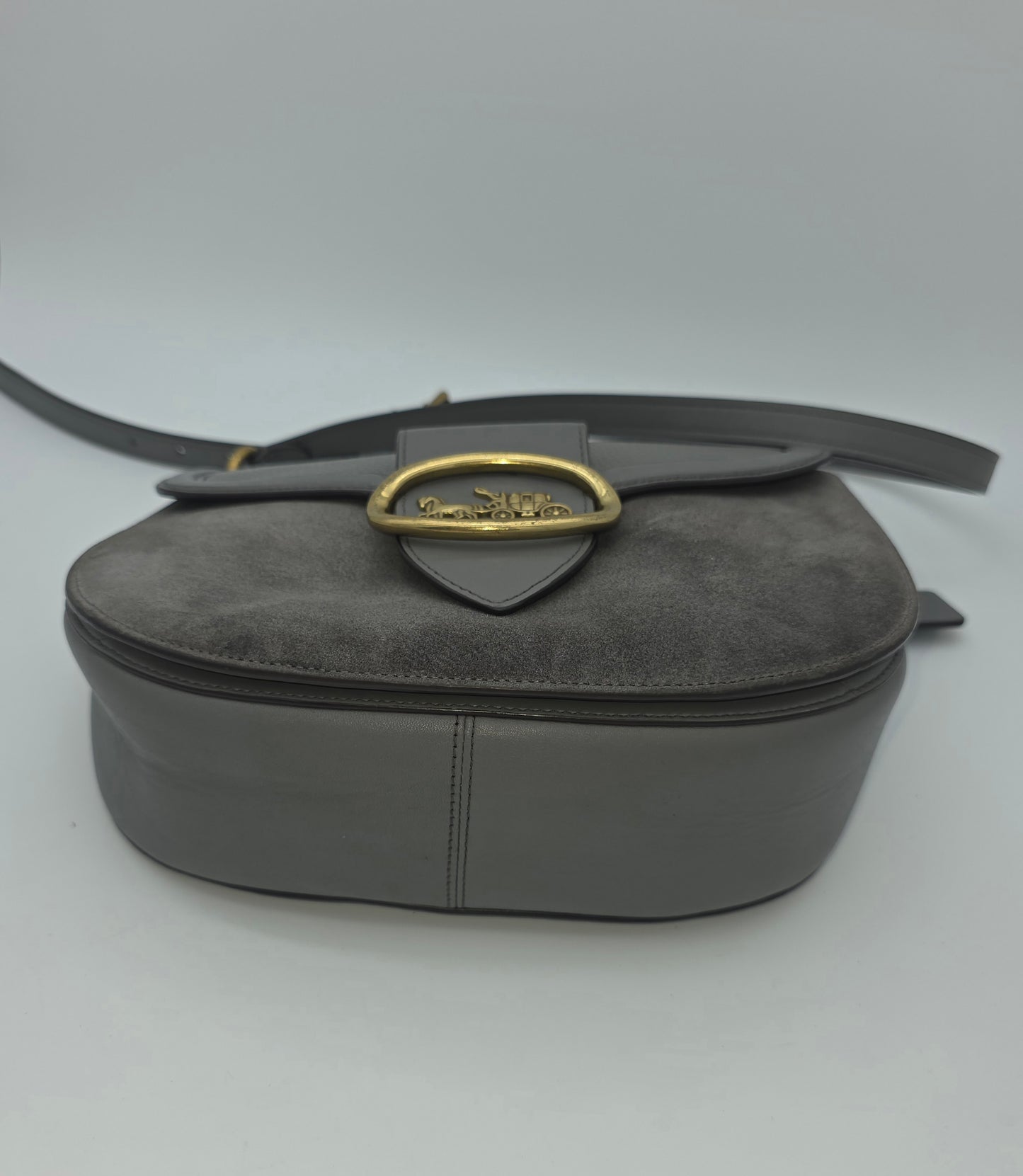 Coach Georgie Saddle Bag – Grey Leather & Suede, Brass Hardware
