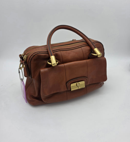 Coach Whiskey Leather Satchel – Gold Hardware, Turnlock Front Pocket