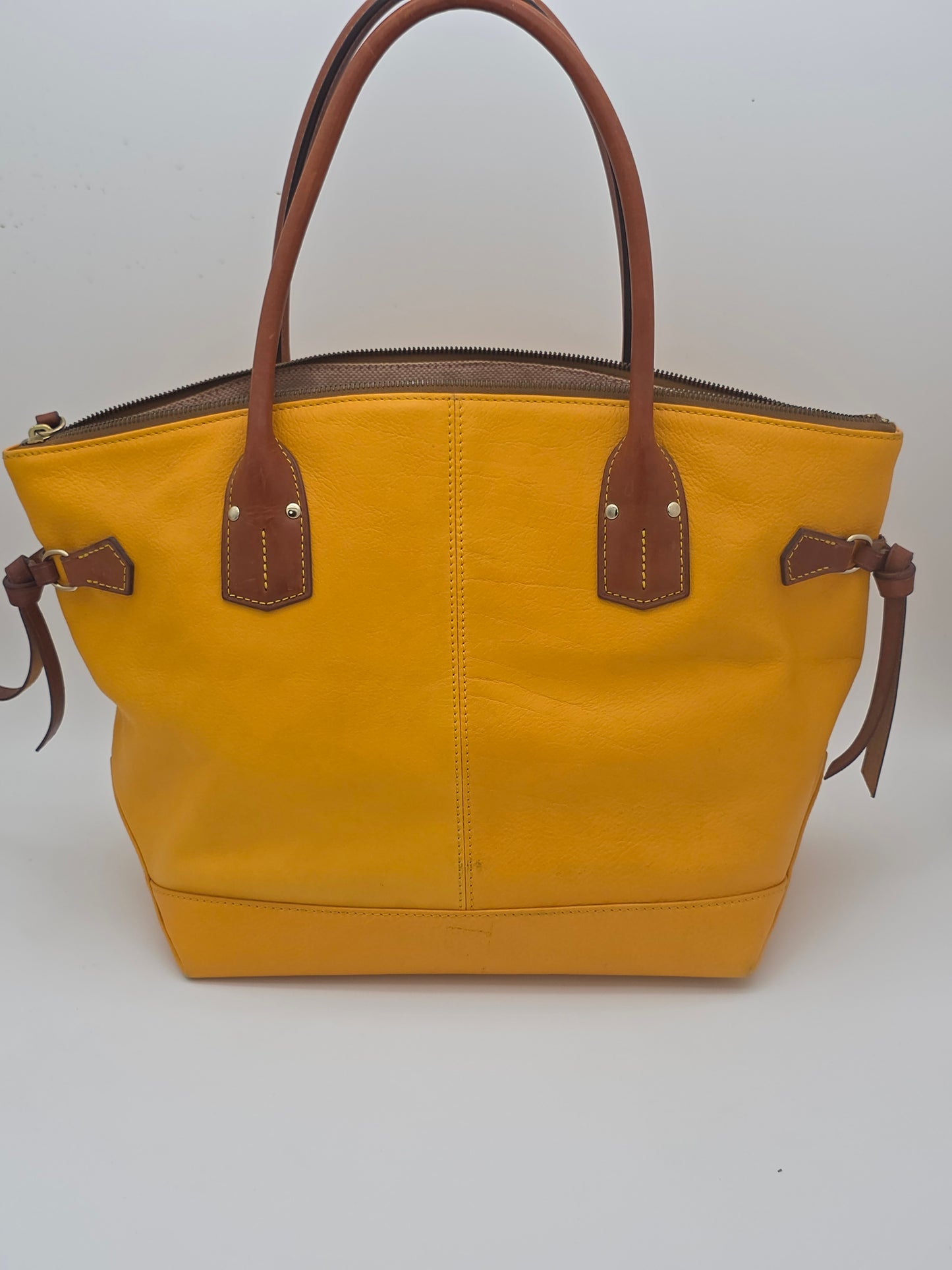 Dooney & Bourke Yellow Leather Bucket Tote Cognac Trim Duck Logo Silver