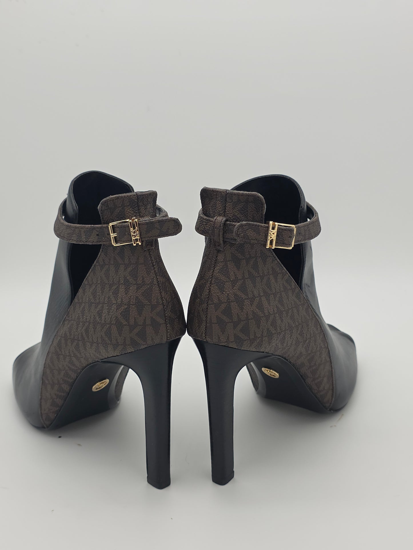 Michael Kors Peep-Toe Ankle Booties – Black Leather with MK Signature Panel, Size 11