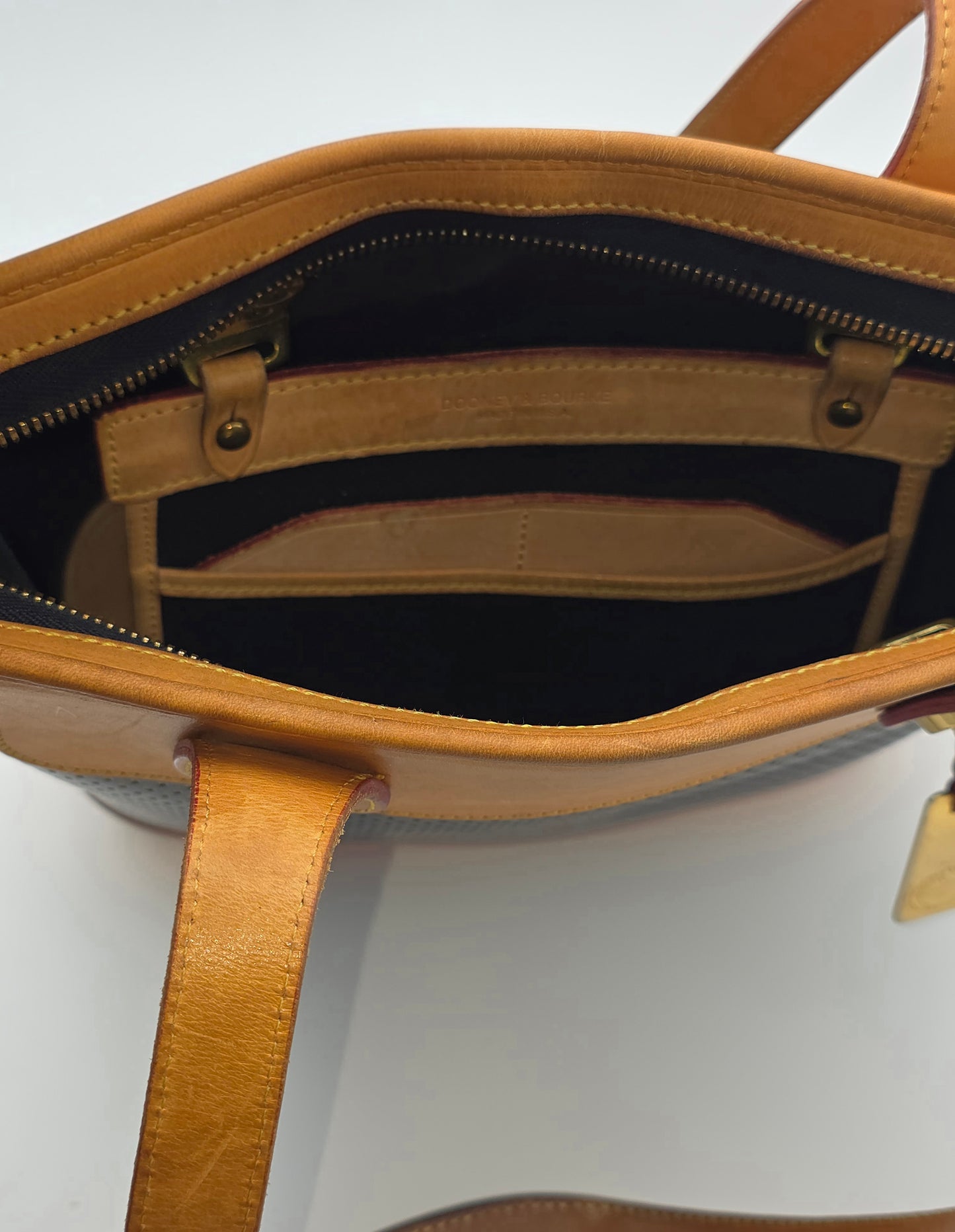 Dooney & Bourke Vintage Perforated Leather Bucket Bag Black Tan Crossbody USA