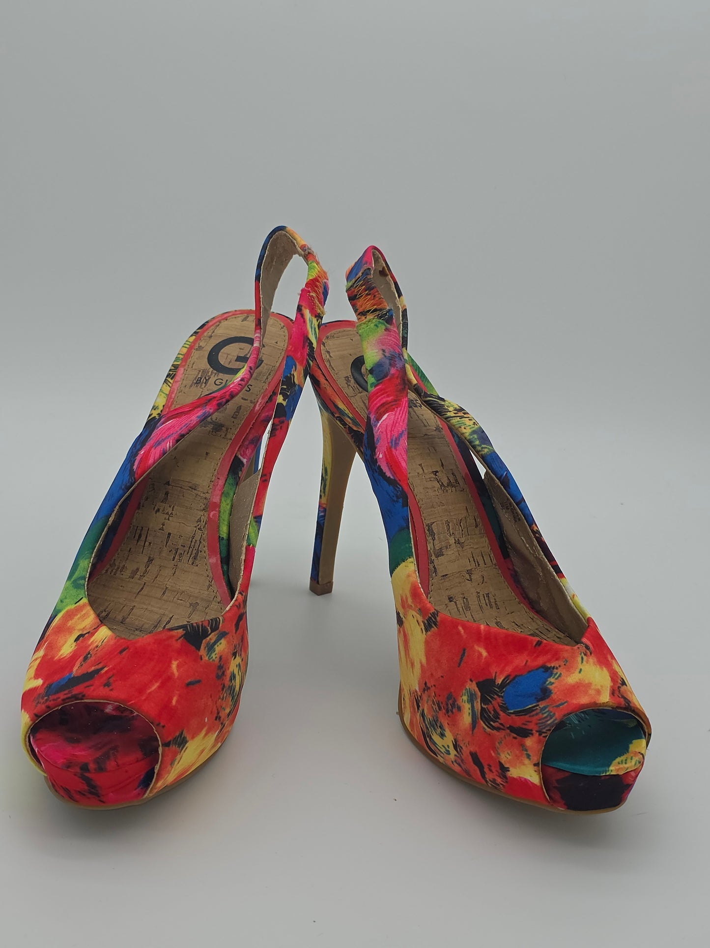 G by Guess Platform Peep-Toe Slingback Heels – Tropical Abstract Print