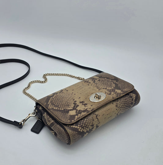 Coach Snakeskin-Embossed Leather Crossbody Clutch – Silver Hardware