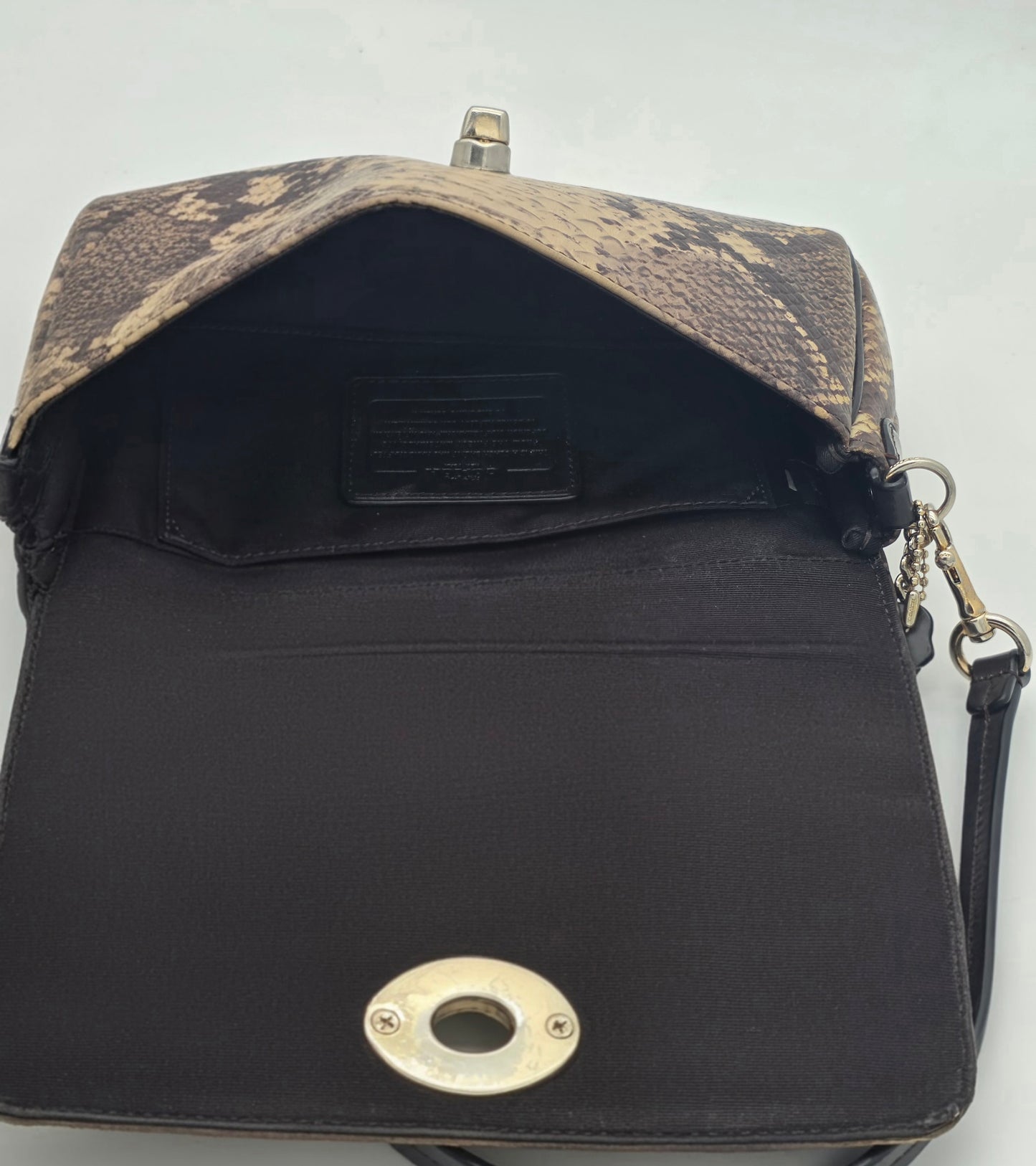 Coach Snakeskin-Embossed Leather Crossbody Clutch – Silver Hardware