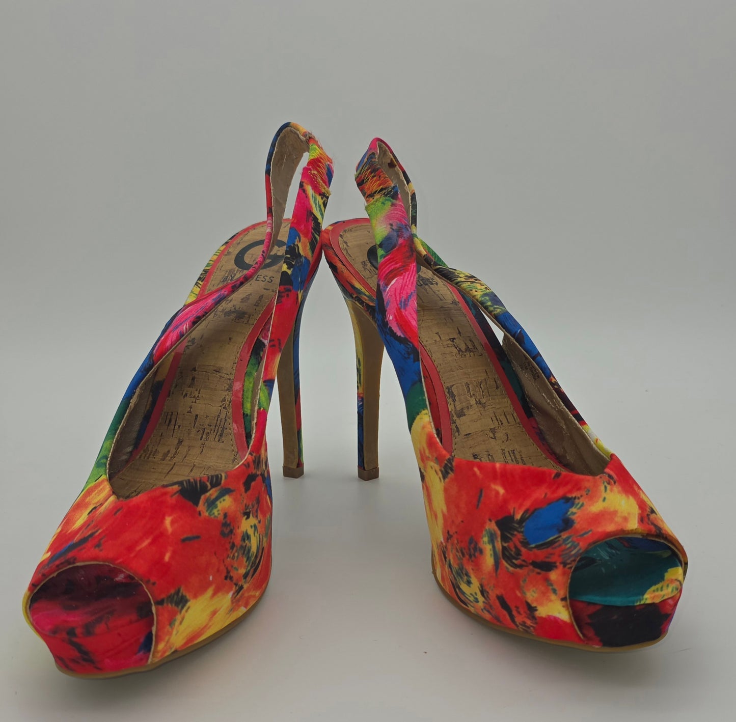 G by Guess Platform Peep-Toe Slingback Heels – Tropical Abstract Print