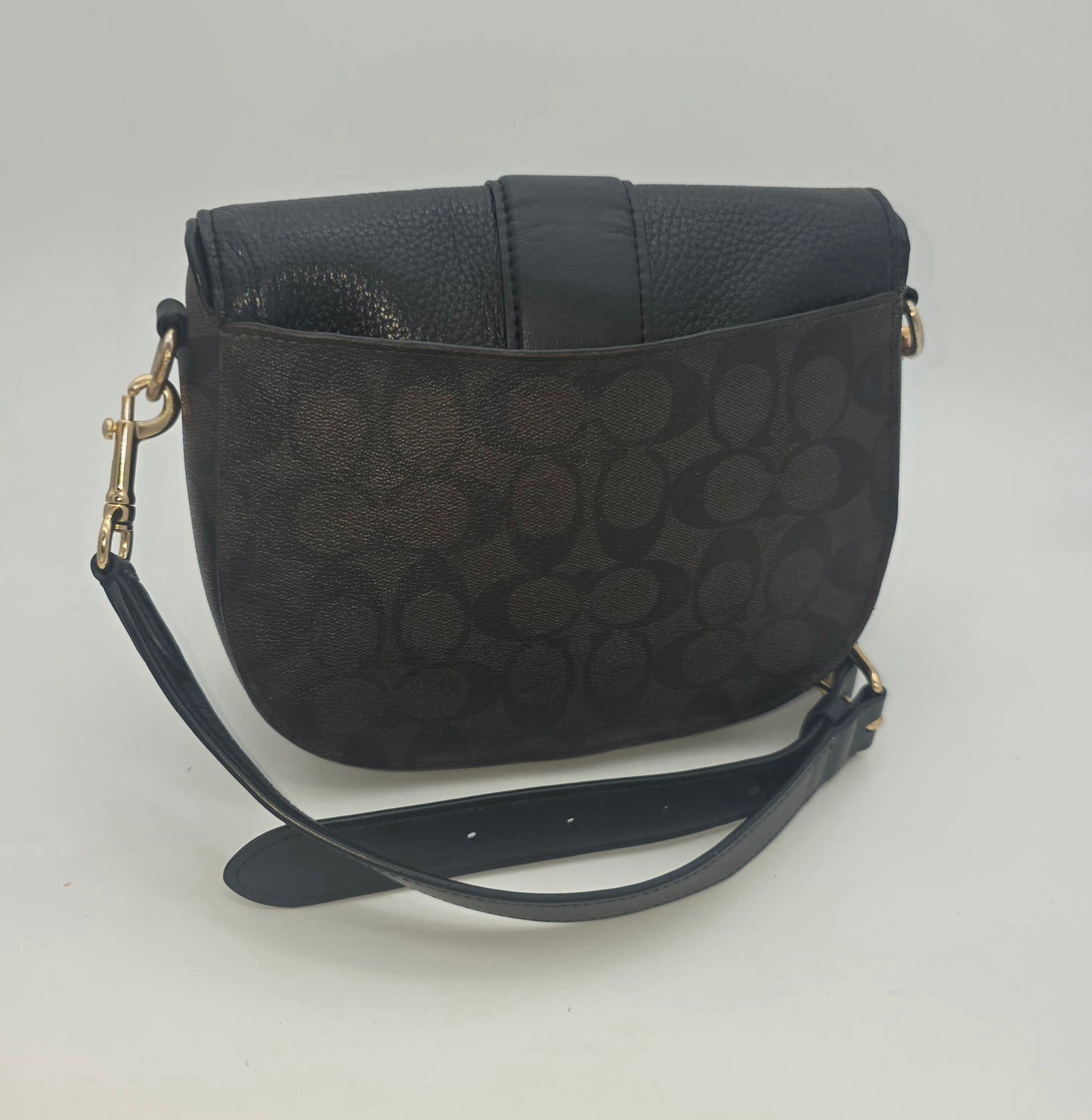 Coach Georgie Saddle Bag – Black Leather & Signature Canvas, Gold Hardware