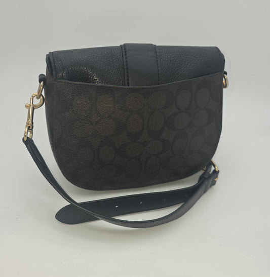 Coach Georgie Saddle Bag – Black Leather & Signature Canvas, Gold Hardware