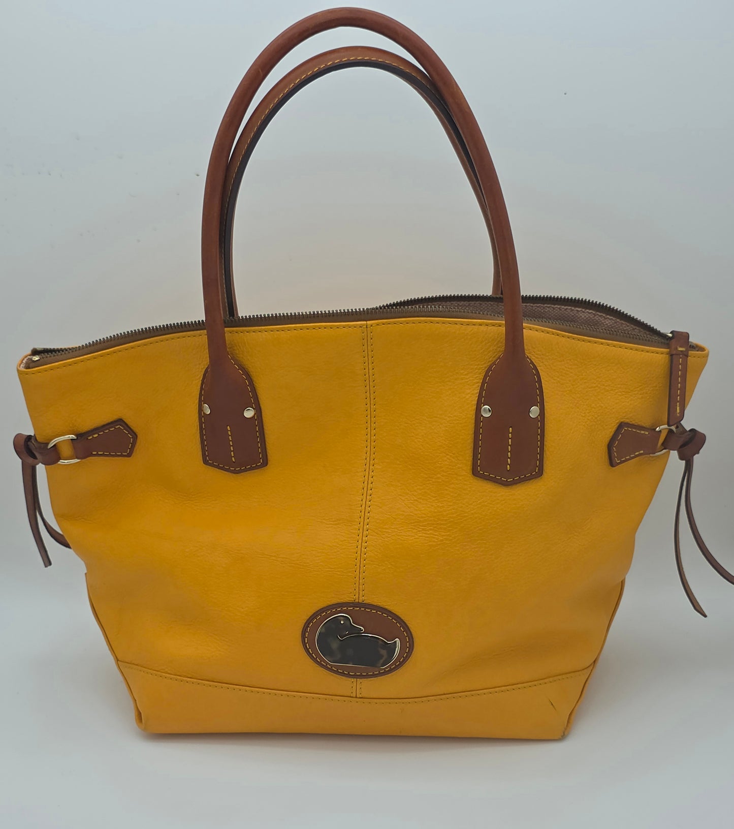 Dooney & Bourke Yellow Leather Bucket Tote Cognac Trim Duck Logo Silver