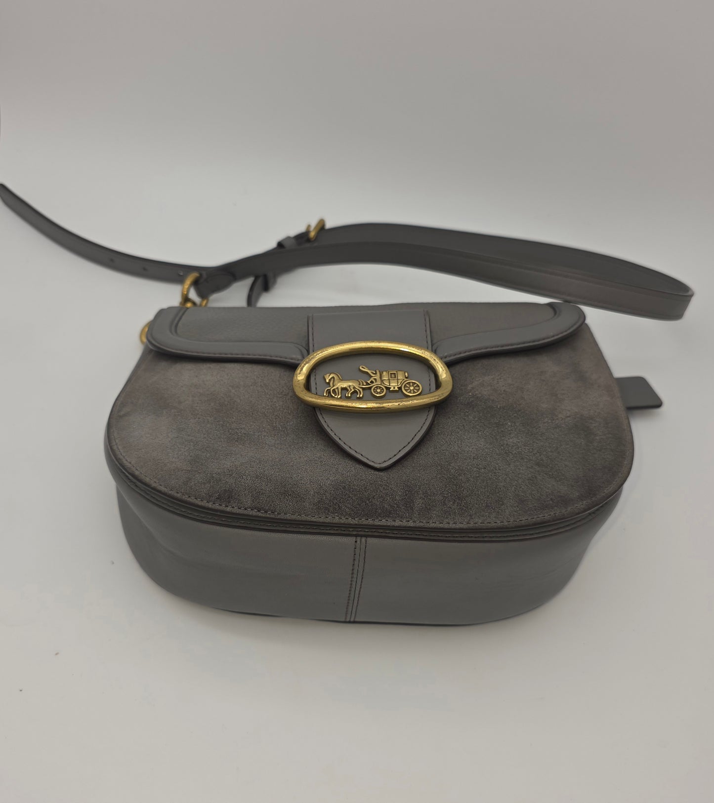 Coach Georgie Saddle Bag – Grey Leather & Suede, Brass Hardware