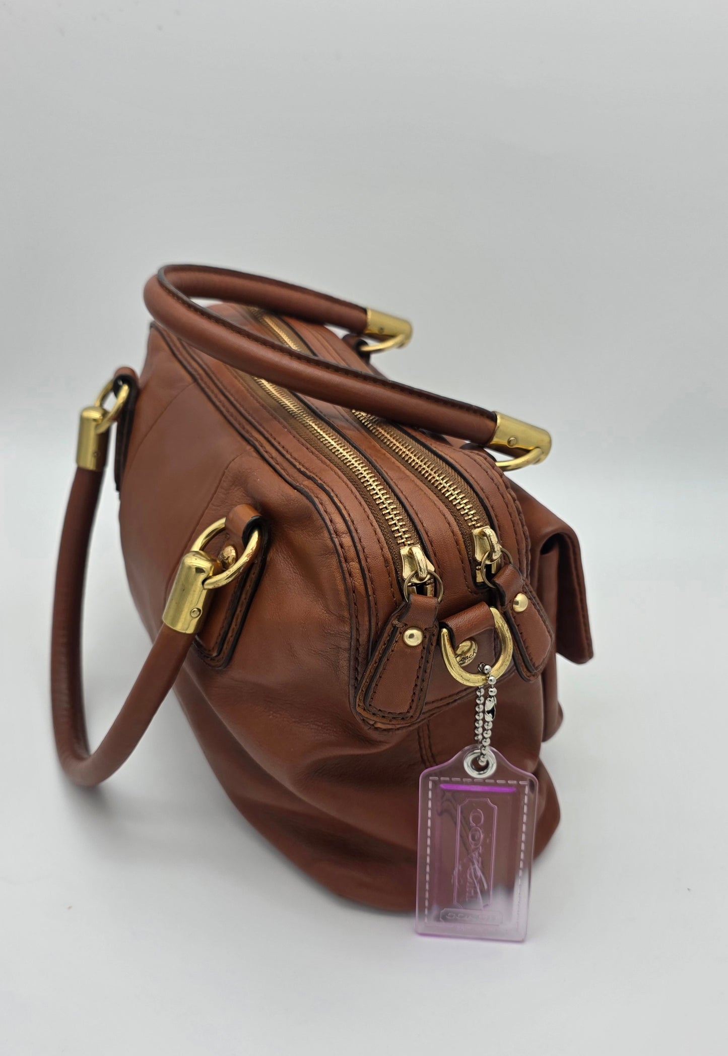 Coach Whiskey Leather Satchel – Gold Hardware, Turnlock Front Pocket