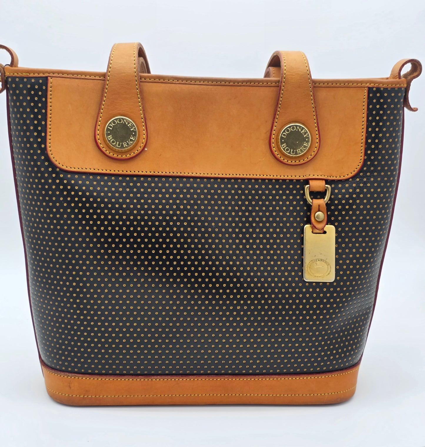 Dooney & Bourke Vintage Perforated Leather Bucket Bag Black Tan Crossbody USA