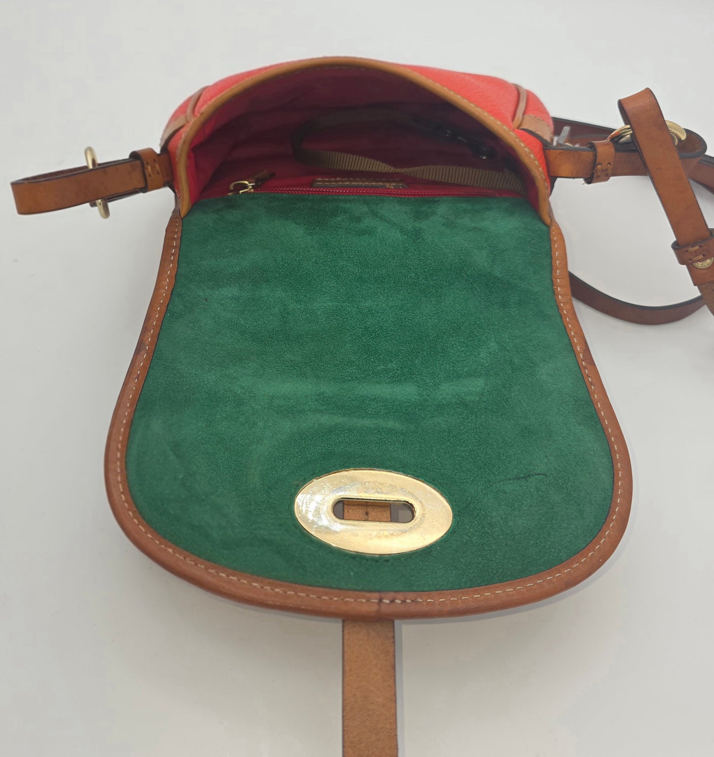 Dooney & Bourke Two-Tone Saddle Crossbody – Coral & Tan, Gold Hardware