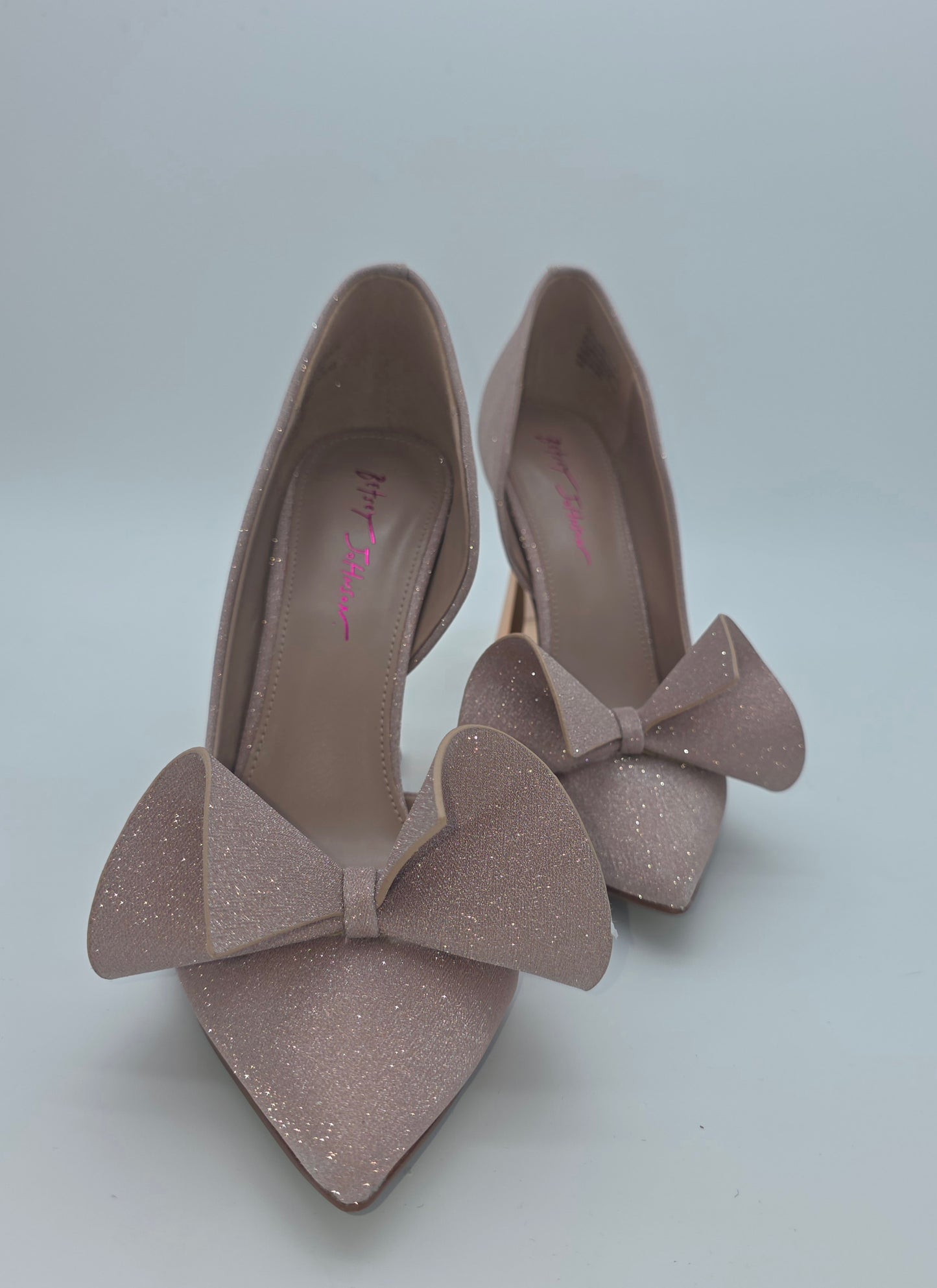 Betsey Johnson "Prince" Glitter Bow Pointed-Toe Pumps – Blush/Rose Gold, Size 11