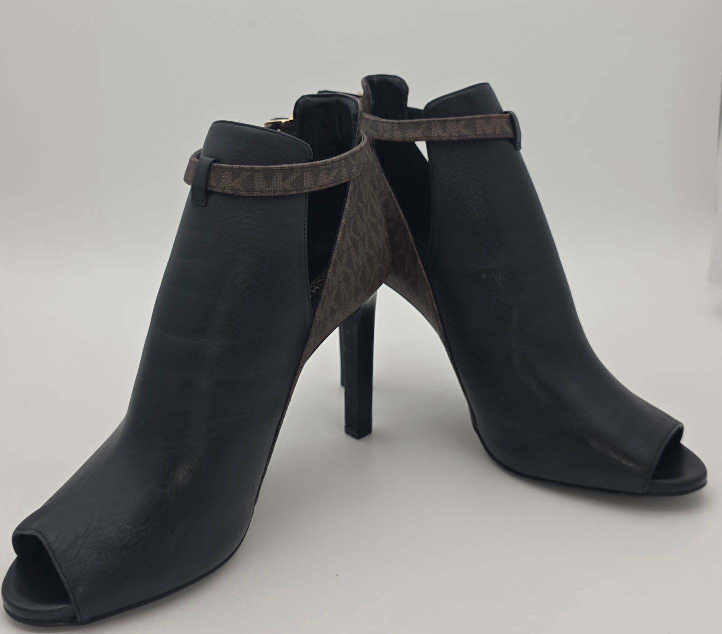 Michael Kors Peep-Toe Ankle Booties – Black Leather with MK Signature Panel, Size 11