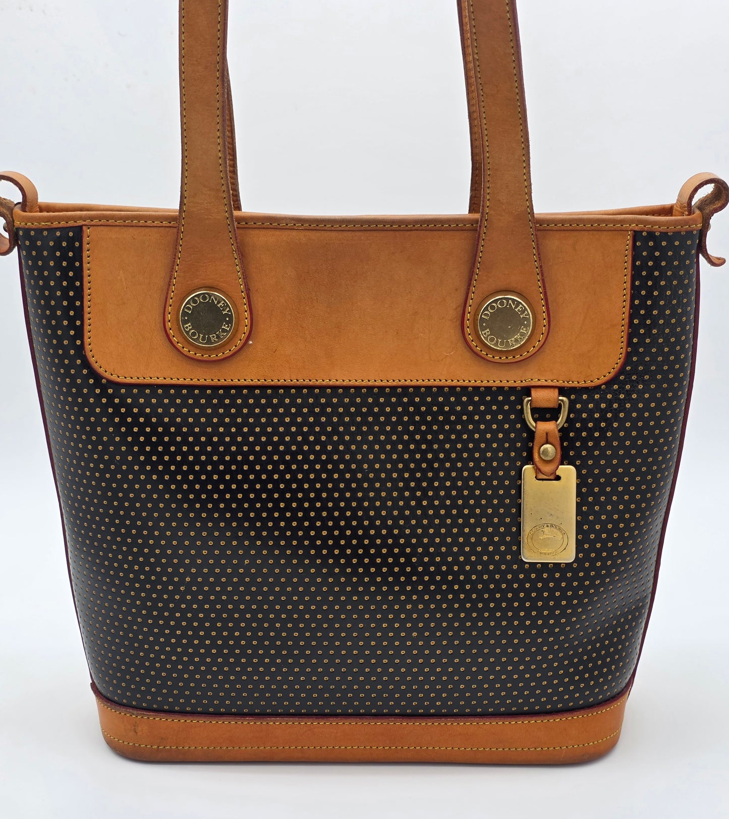 Dooney & Bourke Vintage Perforated Leather Bucket Bag Black Tan Crossbody USA
