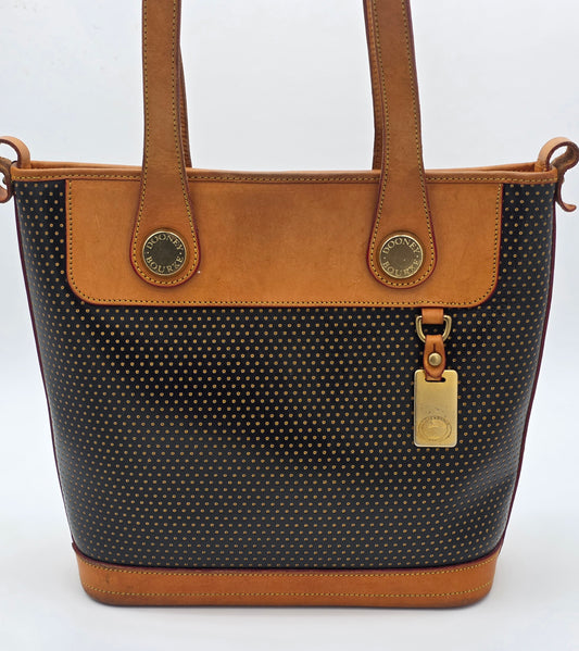 Dooney & Bourke Vintage Perforated Leather Bucket Bag Black Tan Crossbody USA