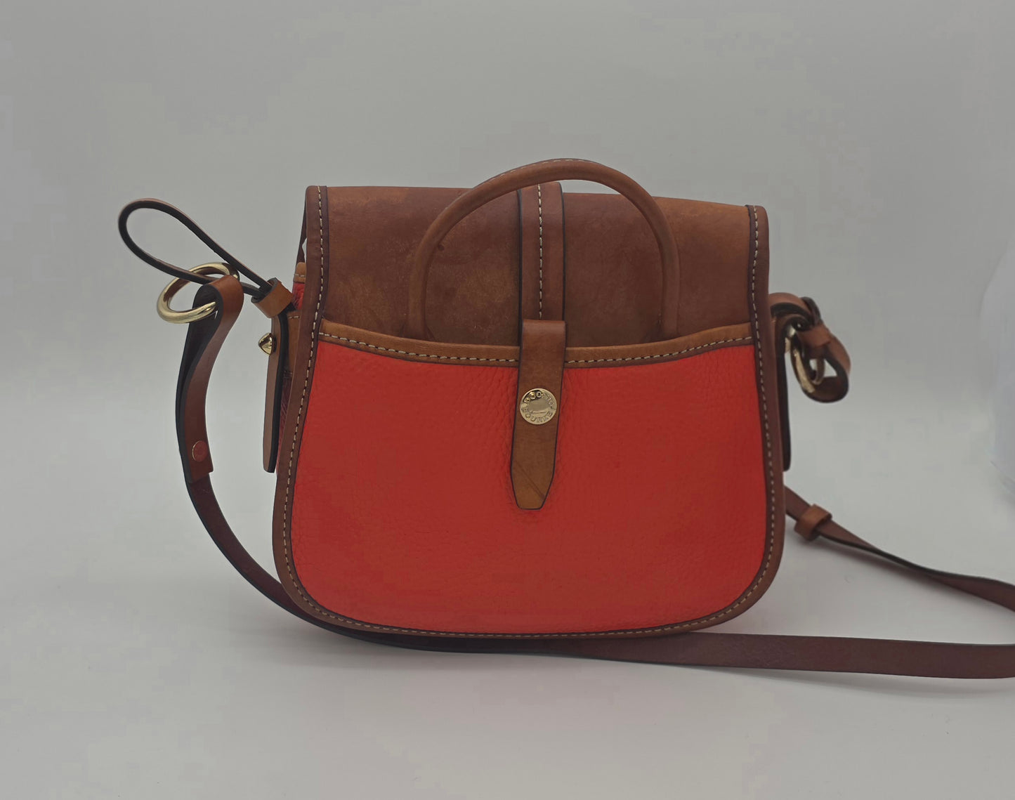 Dooney & Bourke Two-Tone Saddle Crossbody – Coral & Tan, Gold Hardware