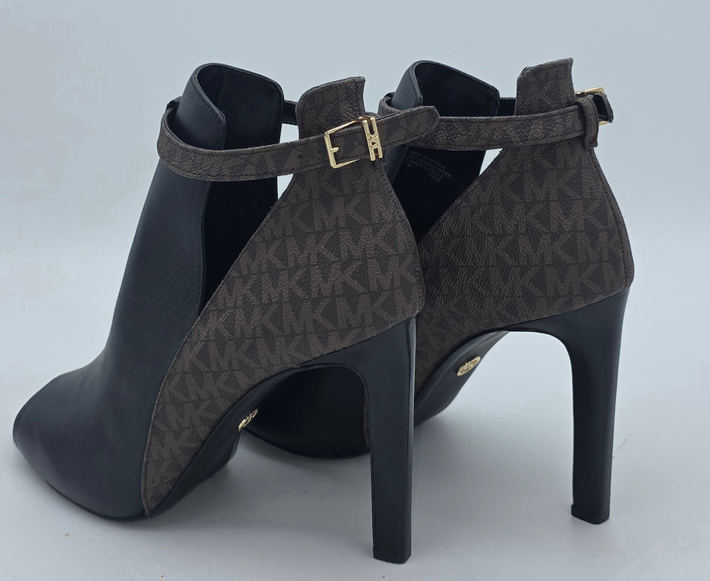 Michael Kors Peep-Toe Ankle Booties – Black Leather with MK Signature Panel, Size 11