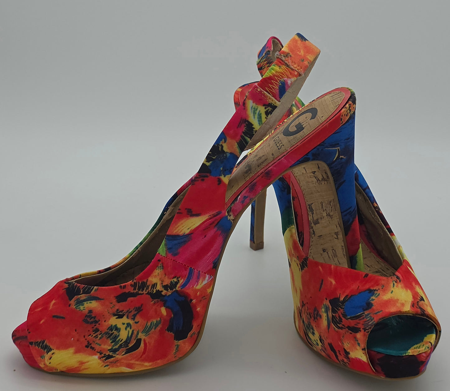 G by Guess Platform Peep-Toe Slingback Heels – Tropical Abstract Print