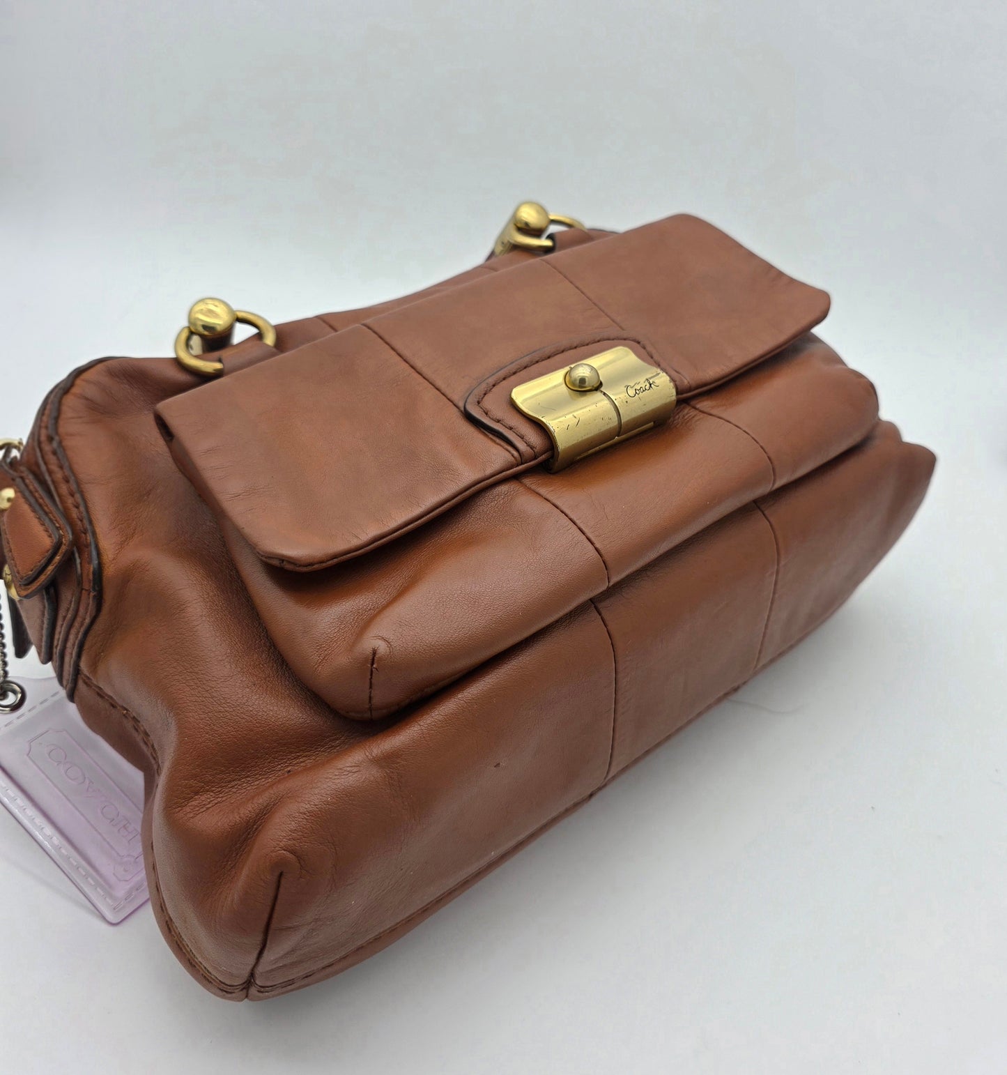 Coach Whiskey Leather Satchel – Gold Hardware, Turnlock Front Pocket