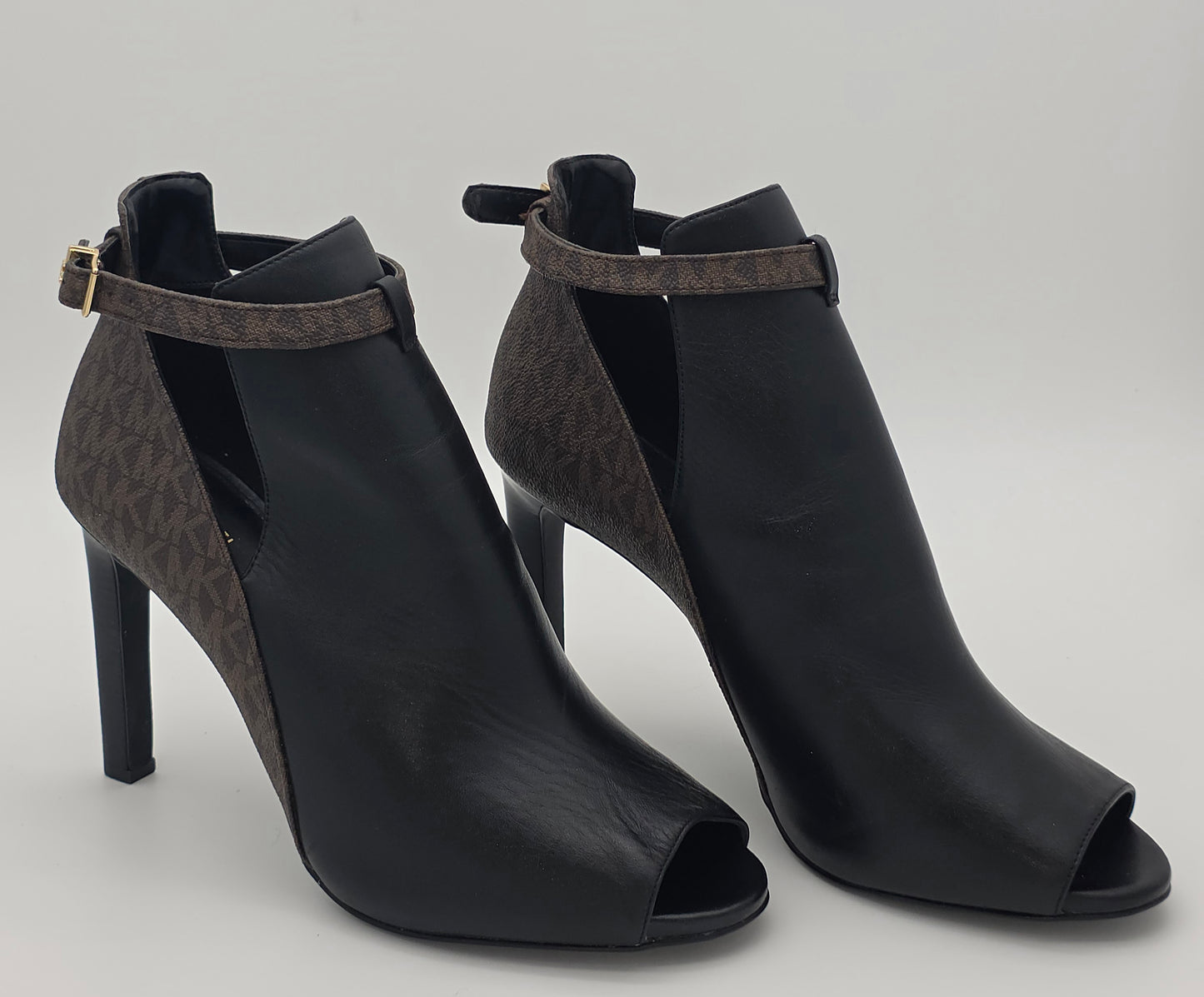 Michael Kors Peep-Toe Ankle Booties – Black Leather with MK Signature Panel, Size 11