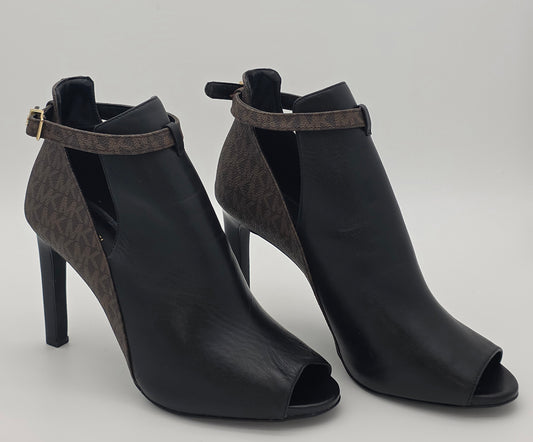 Michael Kors Peep-Toe Ankle Booties – Black Leather with MK Signature Panel, Size 11