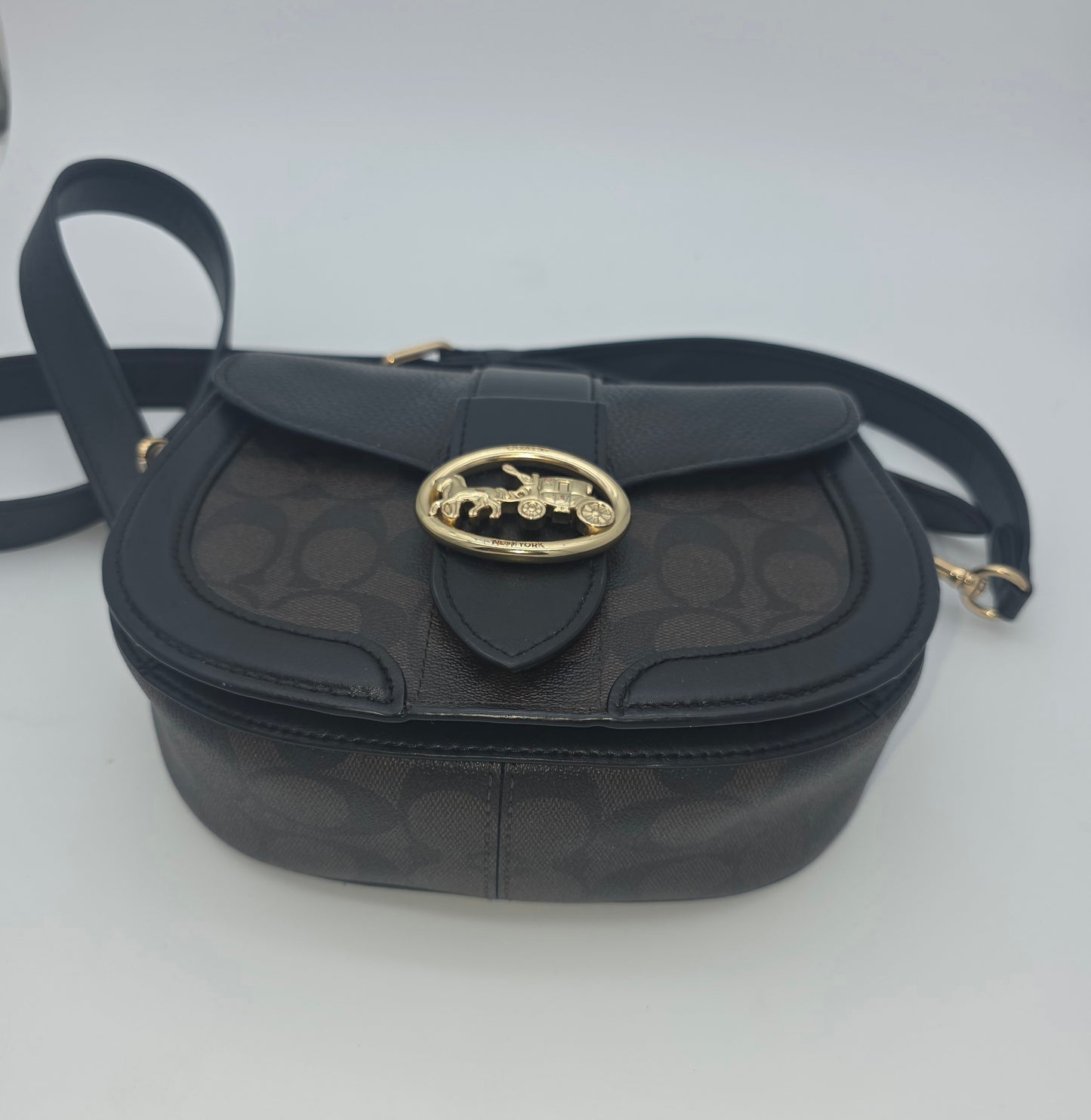 Coach Georgie Saddle Bag – Black Leather & Signature Canvas, Gold Hardware